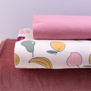 Stoff-Paket   “Fruits”   ecru/altrosa mit Cord Bubbly-Wash für ein Baby Set