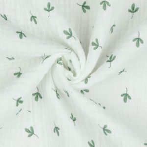 Musselin / Double Gauze “little leaves” weiß/salbei